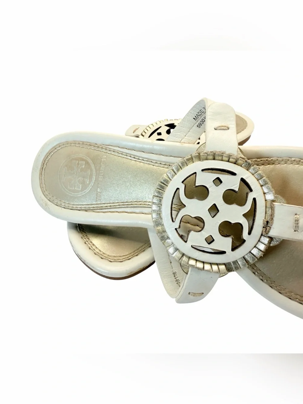 Tory Burch Miller Leather Logo Thong Sandals White/Cream Women’s Size 5.5M - Picture 3 of 5